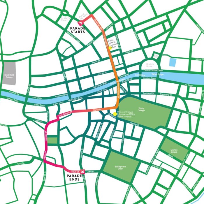 Carte du défilé de la Grande Parade 2019 - https://www.stpatricksfestival.ie