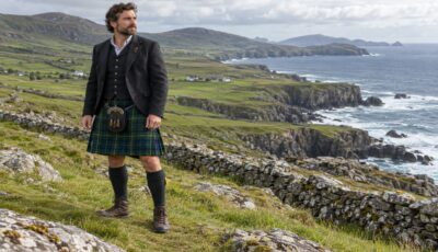 Hombre con kilt de tartán irlandés en la costa atlántica - Guide-Irlande.com