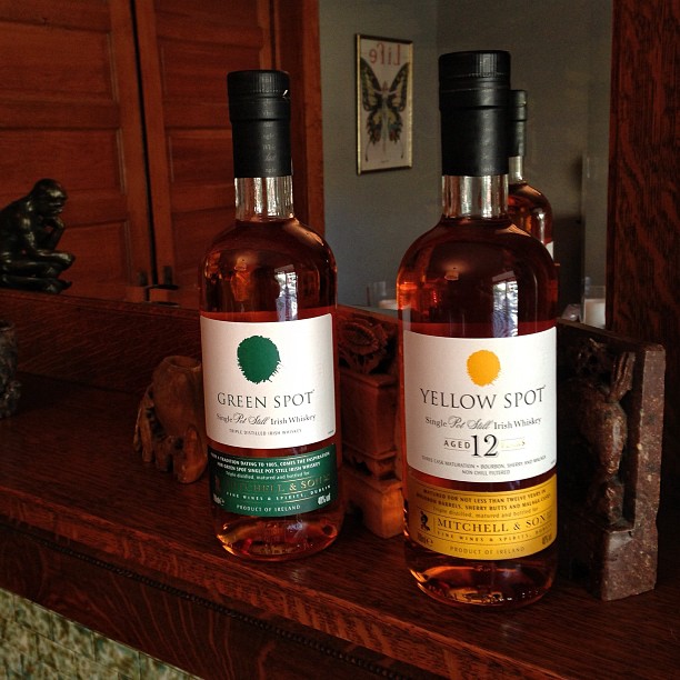 Bottles of Green Spot and Yellow Spot Irish whiskeys, photographed in 2012