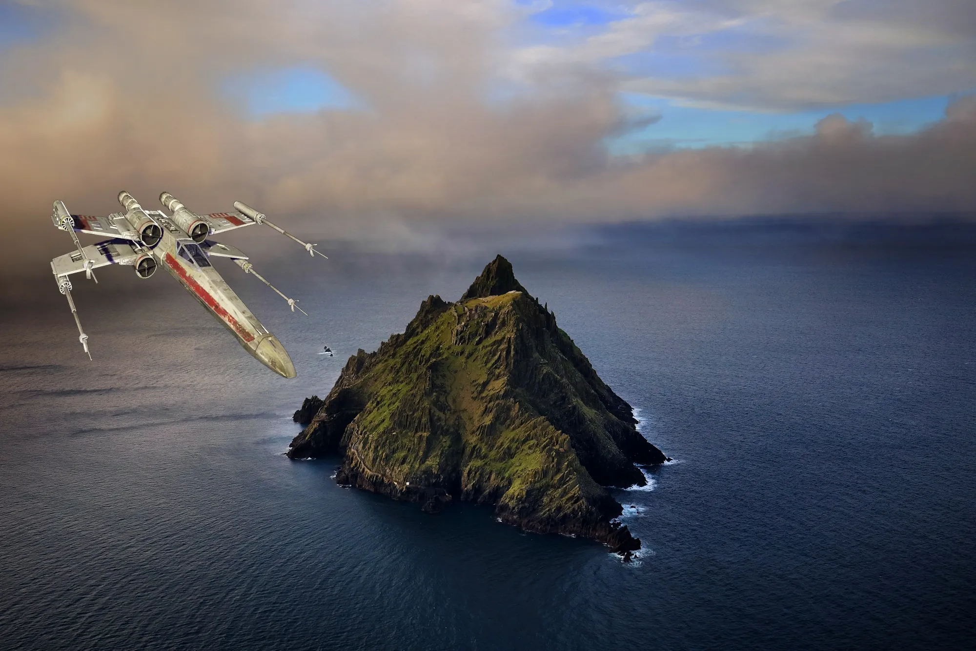 Un X Wing en approche sur Skellig Michael en Irlande