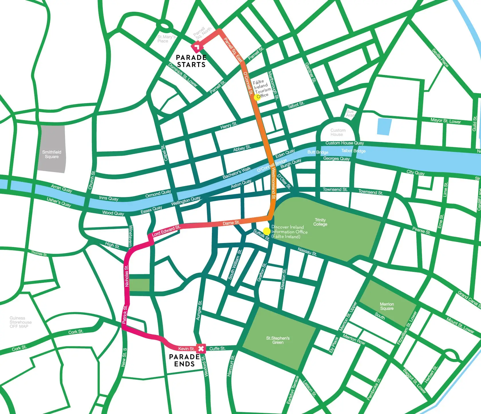 Carte du défilé de la Grande Parade 2019 - https://www.stpatricksfestival.ie