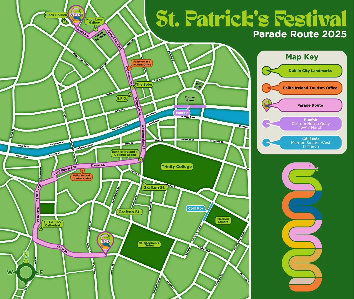 Tout sur la Grande Parade de Dublin 2025 ! 1 Carte du circuit de la Grande Parade 2025 de la St Patrick à Dublin - https://stpatricksfestival.ie/events/parade