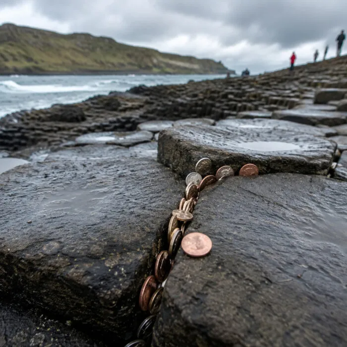 Des milliers de pièces ont été glissées au fil des années entre les colonnes de basalte de la Chaussée des Géants, en Irlande du Nord, provoquant des dégradations sur ce site naturel classé à l’UNESCO. – Go to Ireland.com