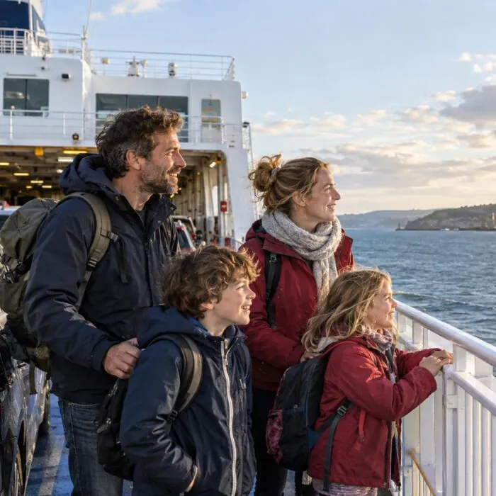 Famille avec deux enfants voyageant en ferry avec sa voiture vers l’Irlande