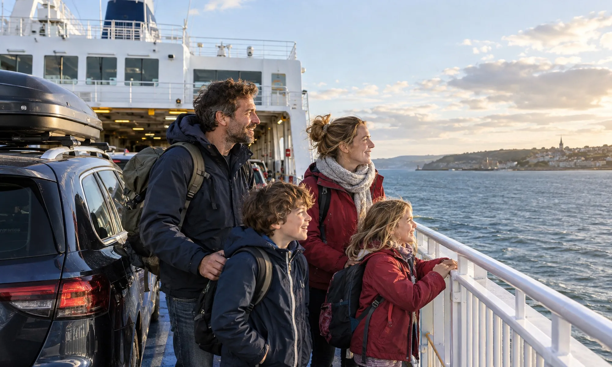 Famille avec deux enfants voyageant en ferry avec sa voiture vers l’Irlande