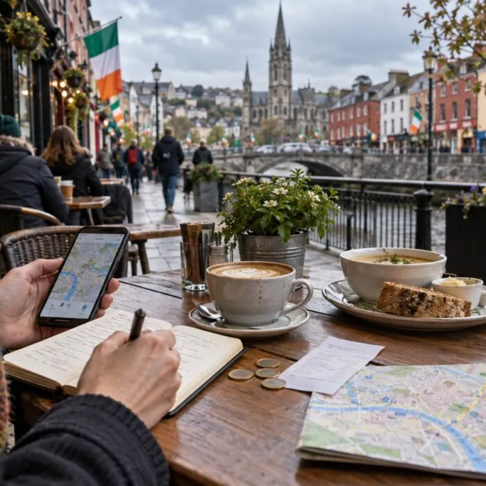 Voyageuse calculant le budget de son séjour à Cork pendant la Saint-Patrick