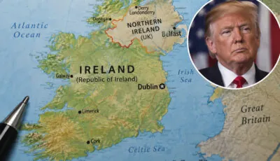 Carte de l’Irlande avec un portrait de Donald Trump, à propos de ses déclarations sur une Irlande unifiée - Go to Ireland.com