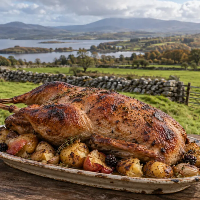 Oie rôtie rustique de Michaelmas sur une table face à la campagne irlandaise