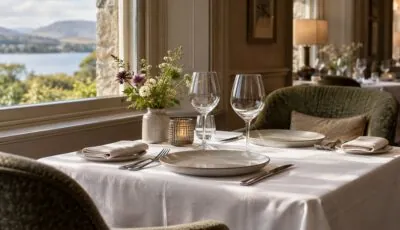 Table de restaurant gastronomique dressée avec une nappe blanche, deux assiettes et des verres vides