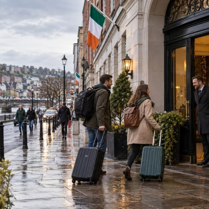 Voyageurs arrivant dans un hôtel du centre de Cork pendant la Saint-Patrick