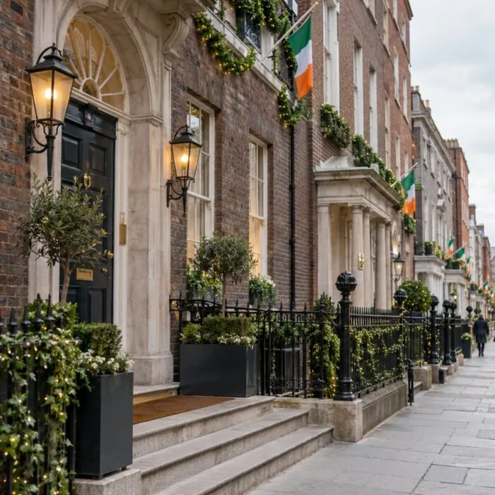 Rue géorgienne de Dublin et hôtel décorés pour la Saint-Patrick