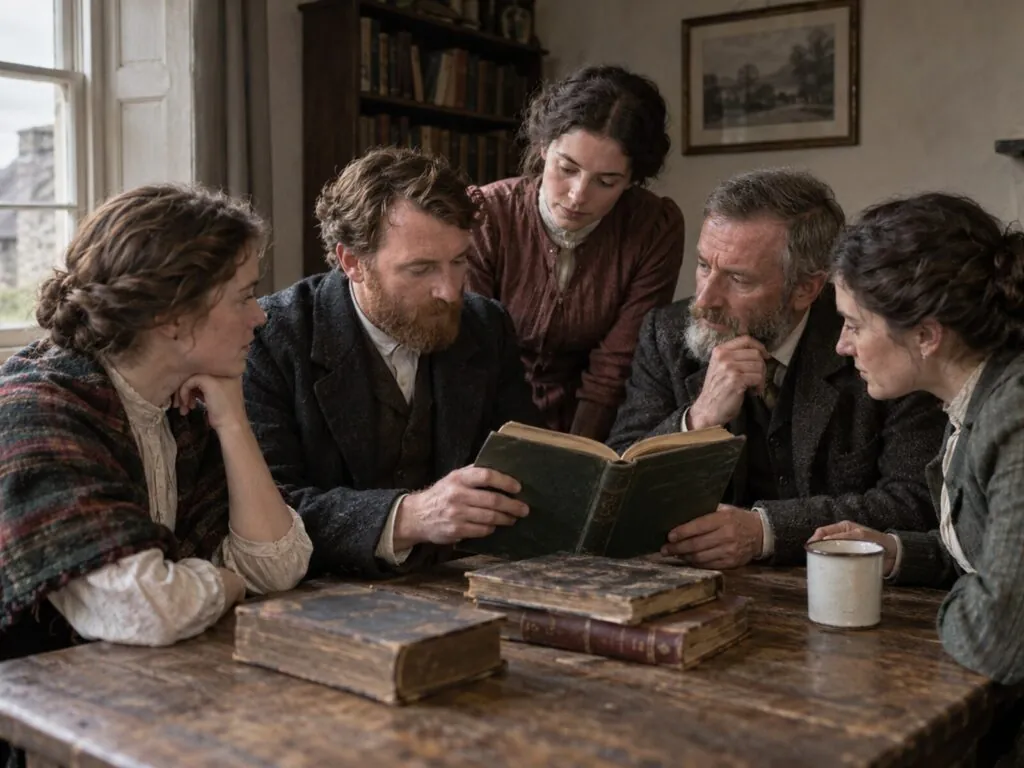 Cinq adultes réunis autour d’un livre dans une salle de lecture irlandaise vers 1900, reconstitution IA - Go to Ireland.com