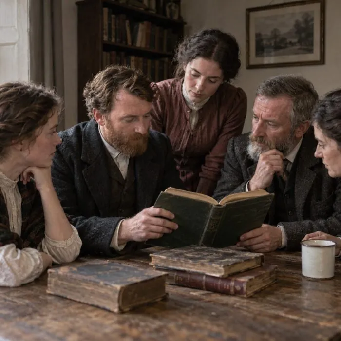 Cinq adultes réunis autour d’un livre dans une salle de lecture irlandaise vers 1900, reconstitution IA - Go to Ireland.com