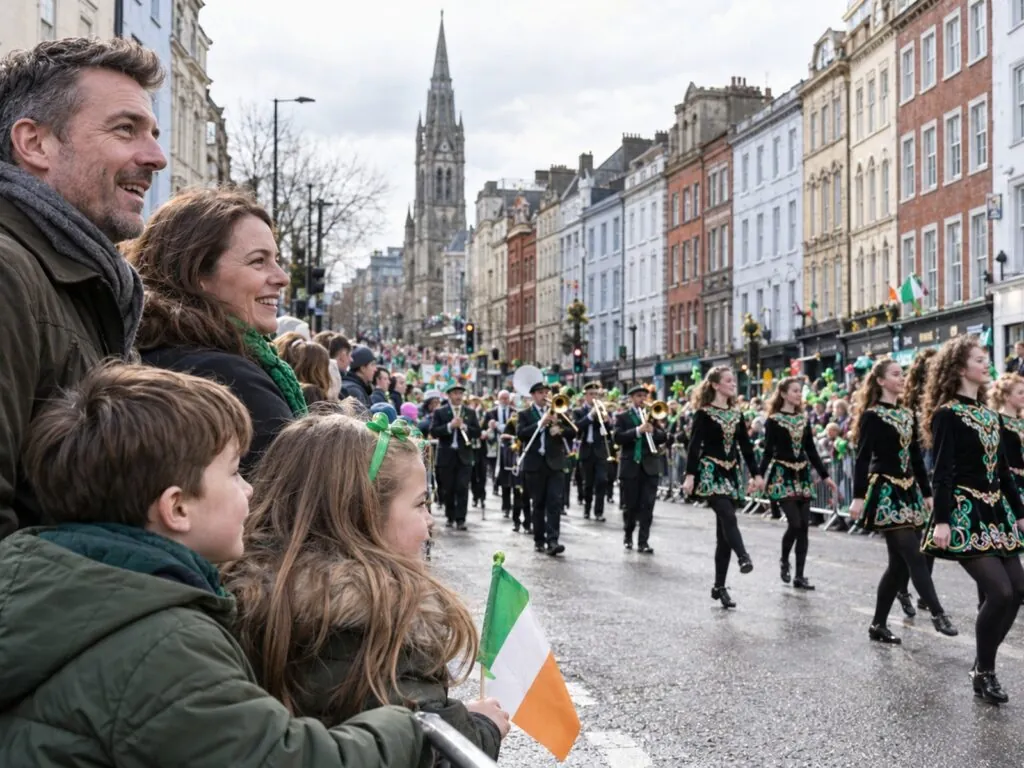 Famille avec enfants regardant la parade de la Saint-Patrick dans le centre de Cork