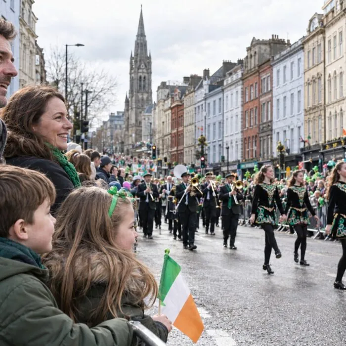 Famille avec enfants regardant la parade de la Saint-Patrick dans le centre de Cork