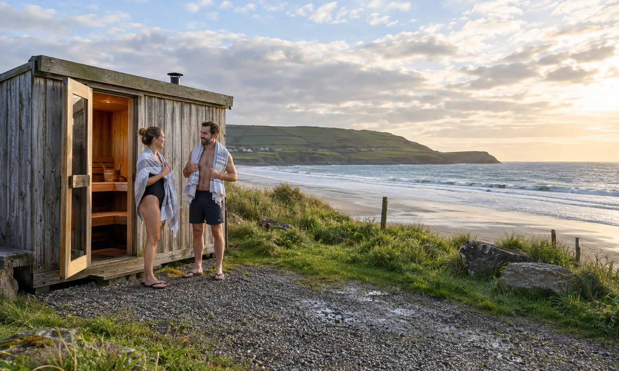 Un couple devant un sauna en bois au bord d’une plage, illustration d’une escapade sur la côte irlandaise. - Go to Ireland.com