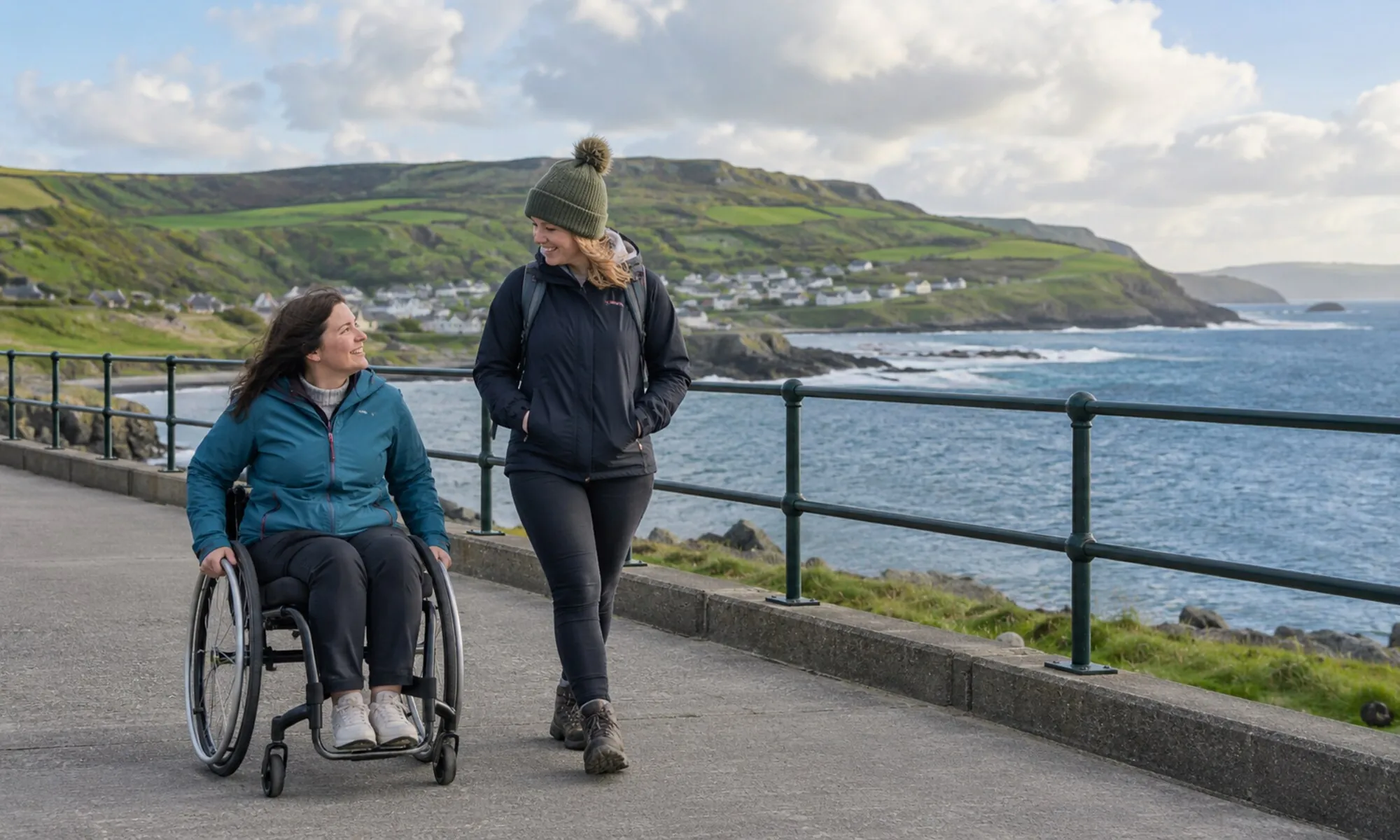 Voyageuse en fauteuil roulant et accompagnatrice sur une promenade côtière, illustration générée par IA - Go to Ireland.com