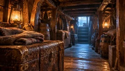 Intérieur imaginaire de navire en bois, malle et lanternes – illustration générée par IA