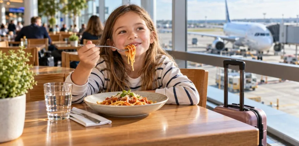Une enfant savourant des pâtes dans un restaurant d’aéroport, illustration générée par IA