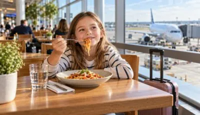 Une enfant savourant des pâtes dans un restaurant d’aéroport, illustration générée par IA