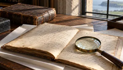 Illustration générée de manuscrits anciens et d’une loupe sur une table de recherche, évoquant l’enquête historique sur Islandmagee.