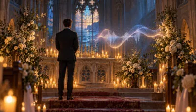 Illustration d’un marié devant une place vide dans une église, une onde lumineuse symbolisant la voix d’une intelligence artificielle.